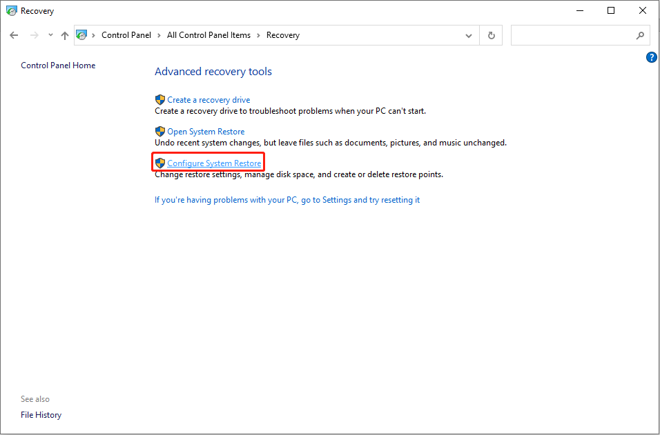 choose Configure System Restore