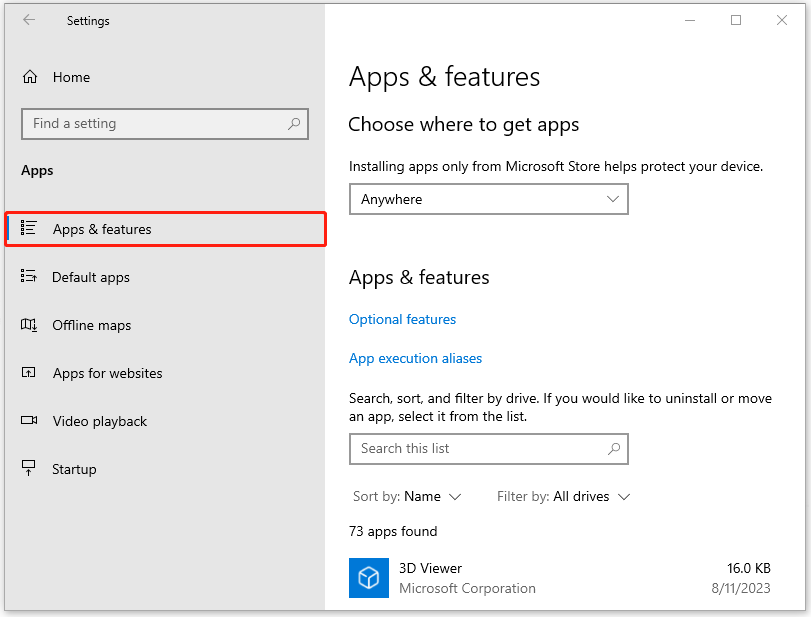 click Apps & features