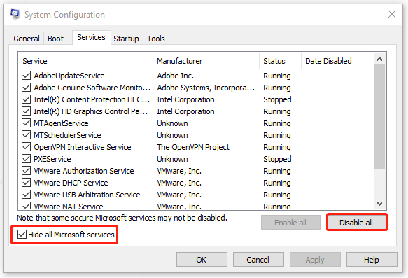 click Disable all
