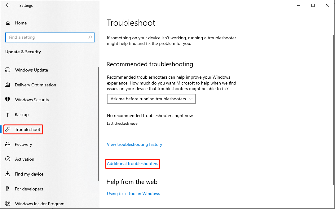 select Additional troubleshooters