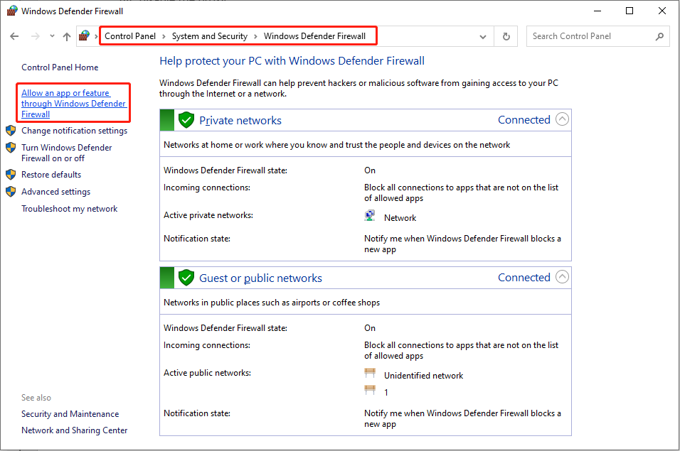 choose Allow an app or feature through Windows Defender Firewall