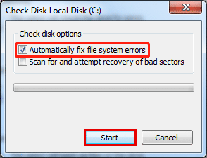 select Automatically fix file system errors
