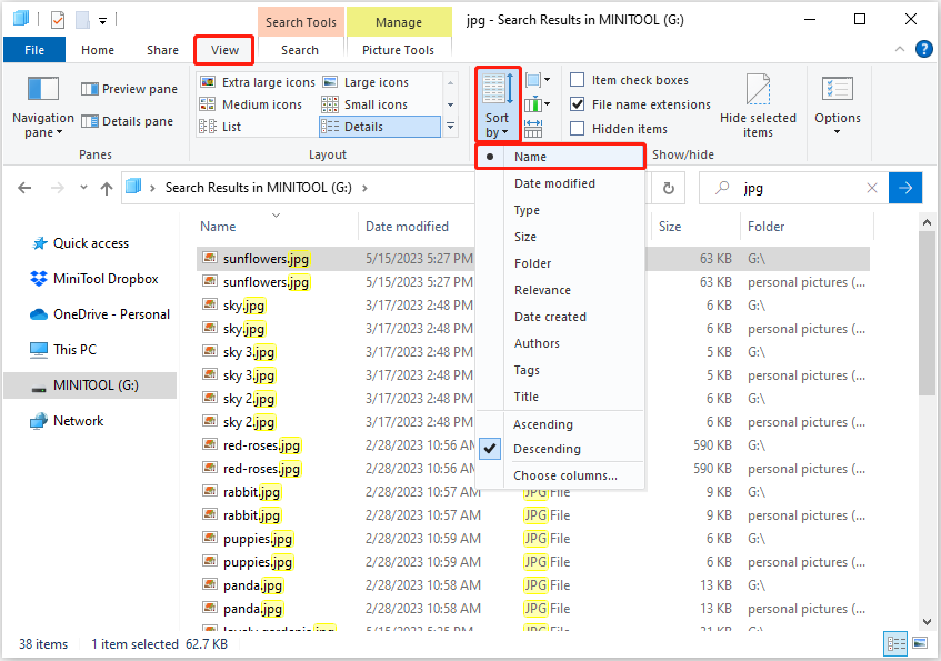 sort the files by file name