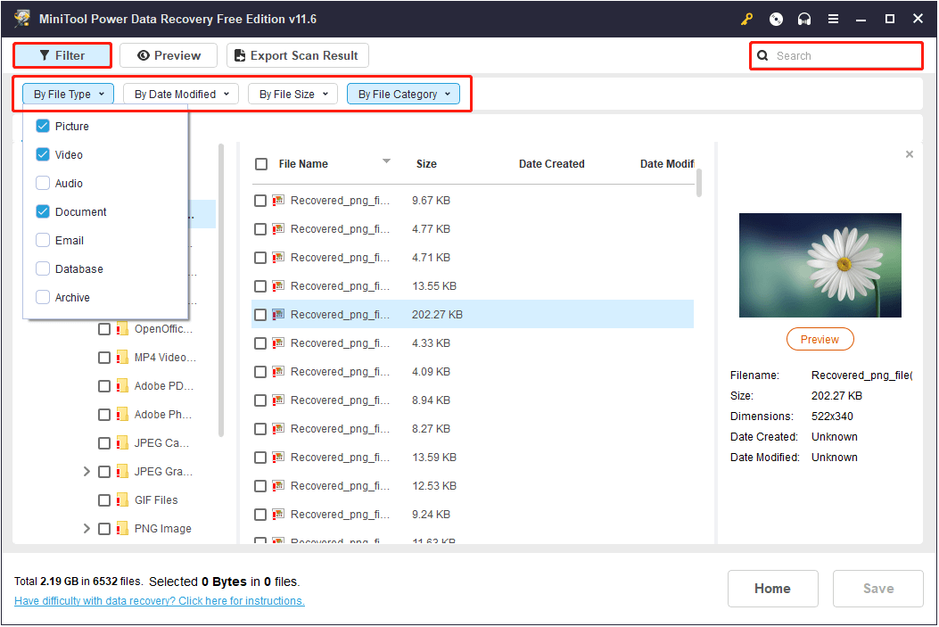 filter and search for the files