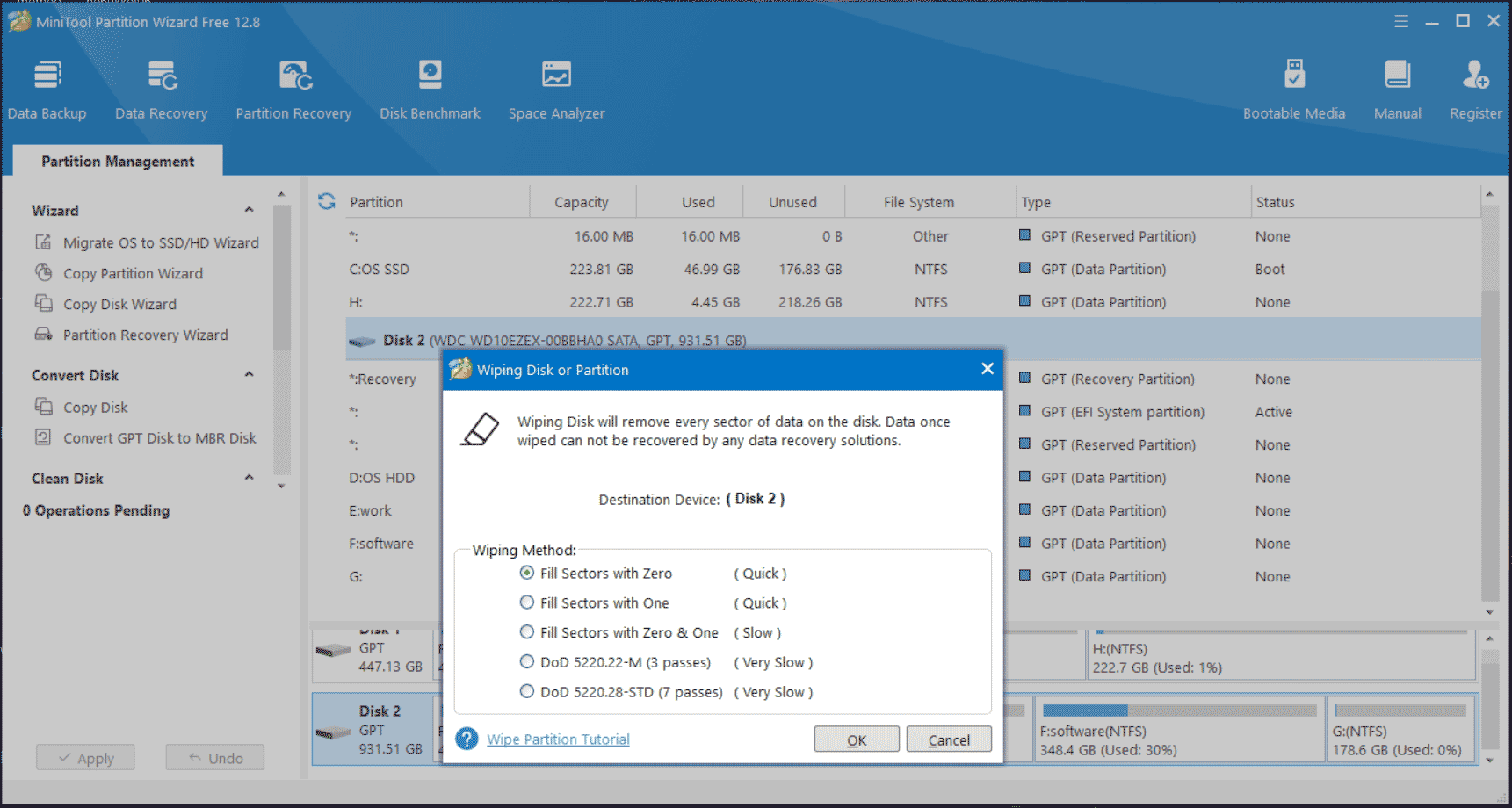 wipe hard drive with MiniTool Partition Wizard