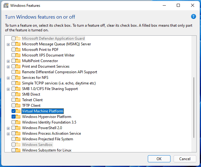 enable Virtual Machine Platform and Windows Hypervisor Platform