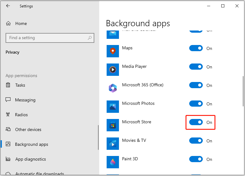 let Microsoft Store runs in the background