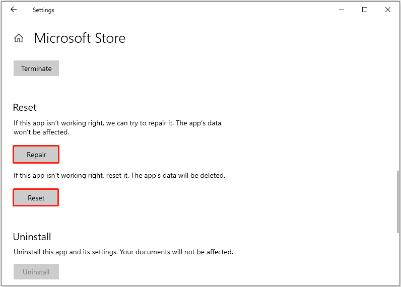 repair or reset Microsoft Store