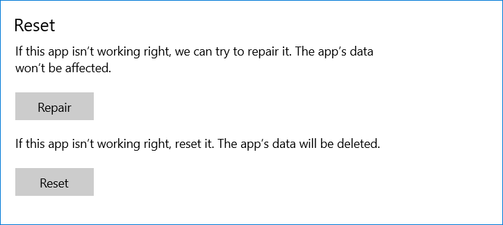 reset or repair app Windows 10