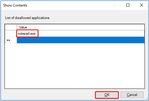input the disallowed applications