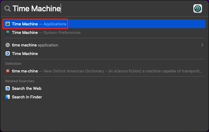 open Time Machine using search