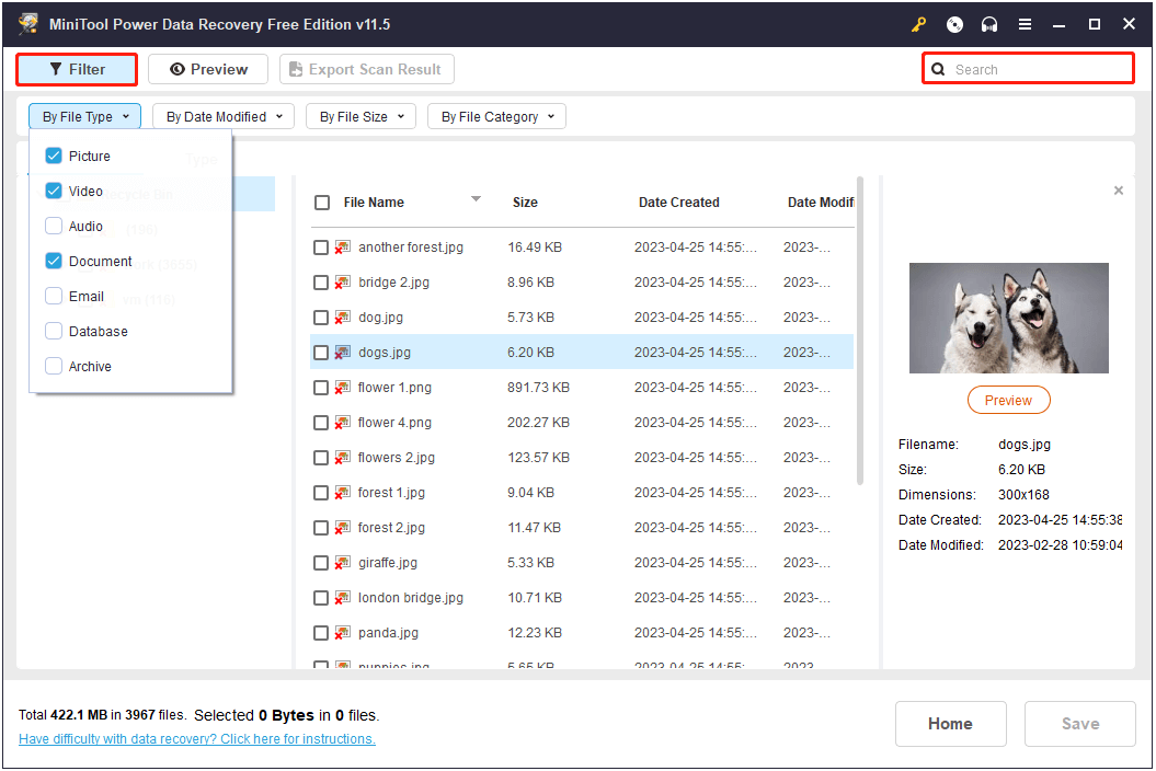 filter and search listed files