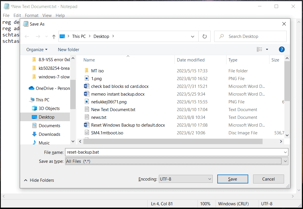 create batch file to reset Windows Backup