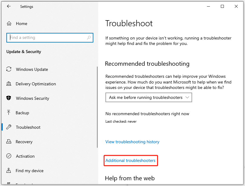 click Additional troubleshooters