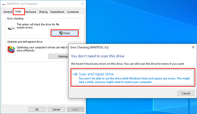 run Windows error-checking tool to check SD card for errors