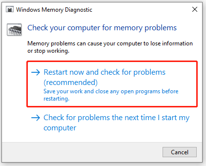 Restart now and check for problems (recommended)