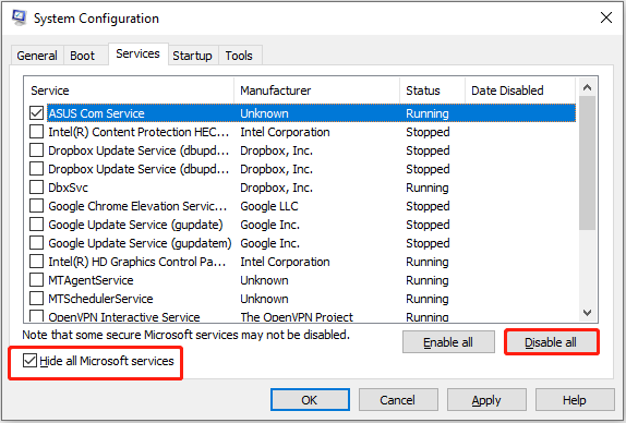 disable all non-Microsoft services