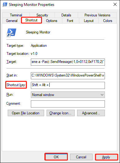 set the Shortcut key