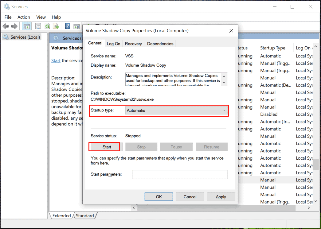 run Volume Shadow Copy service