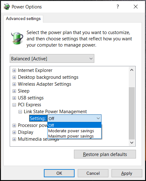 disable link state power management