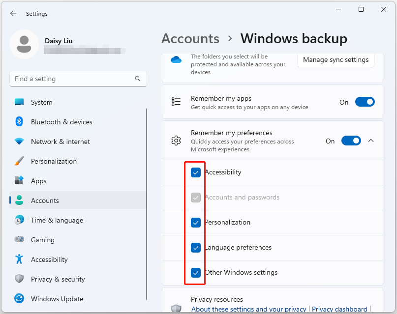 Windows backup settings