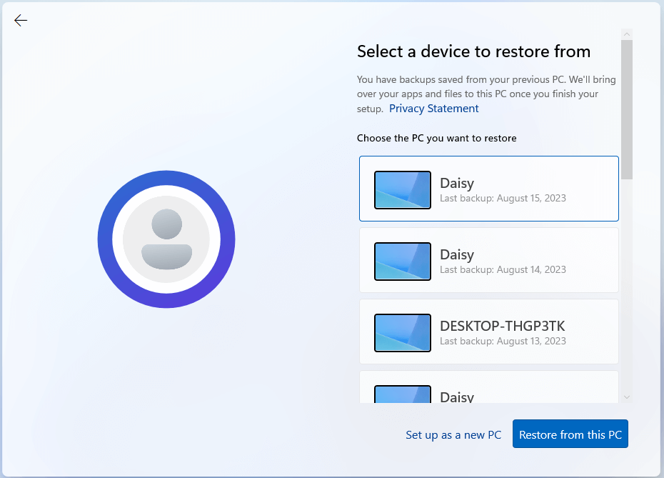 select the backup to restore