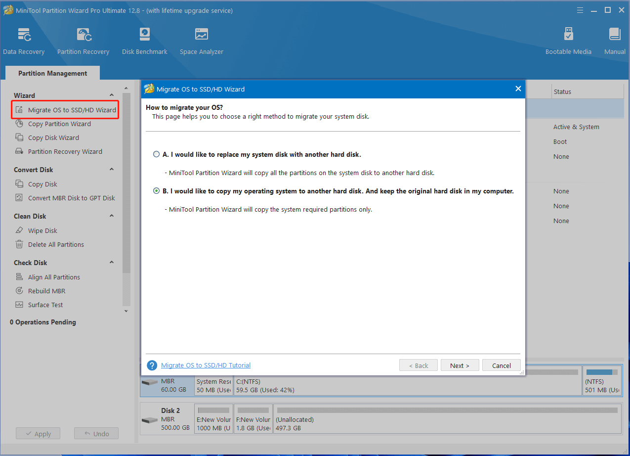 select Migrate OS to SSD on MiniTool