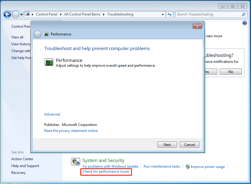 Windows 7 performance troubleshooter