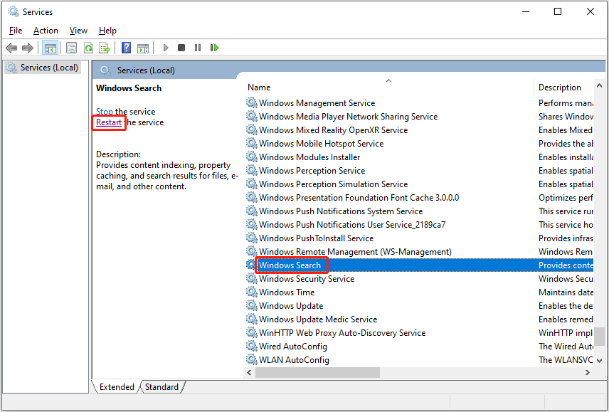 restart the Windows Search service