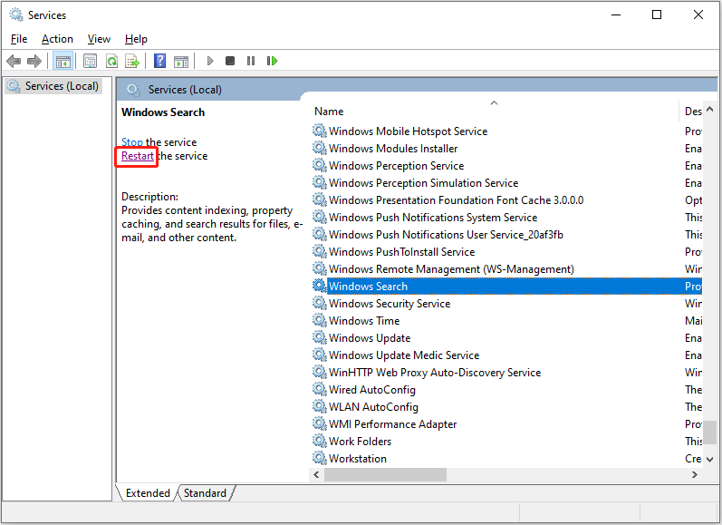 restart the Windows Search service
