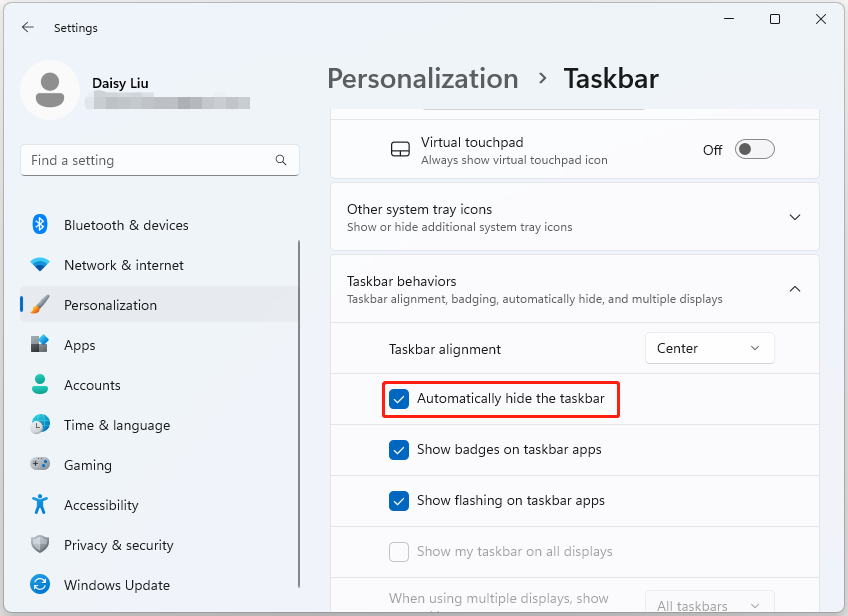 check if the Automatically hide the taskbar box is enabled