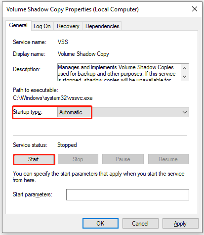 start the Volume Shadow Copy service