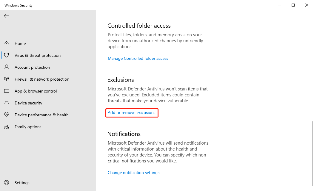 click Add or remove exclusions