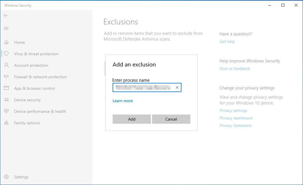 enter the process name to add the process to the whitelist