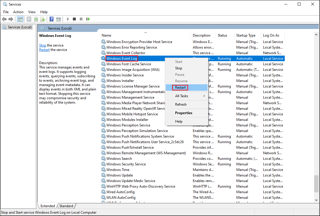 restart the Windows Event Log service