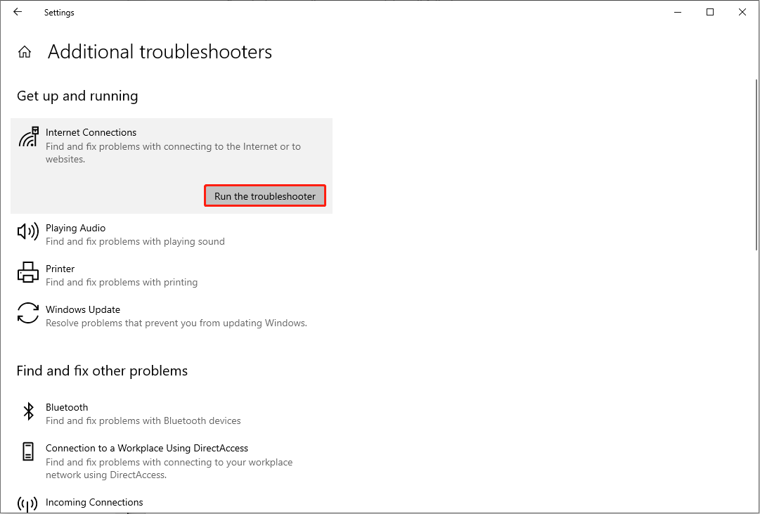run the Internet Connections troubleshooter