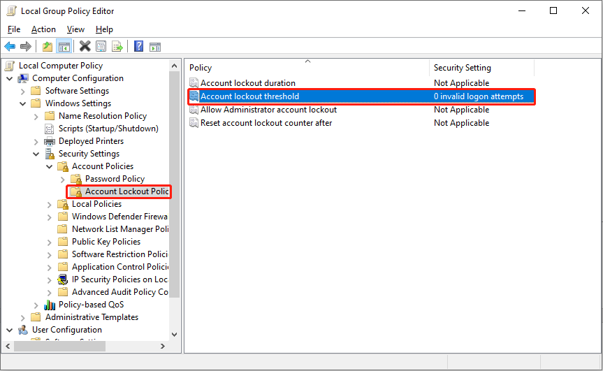choose the Account lockout threshold policy