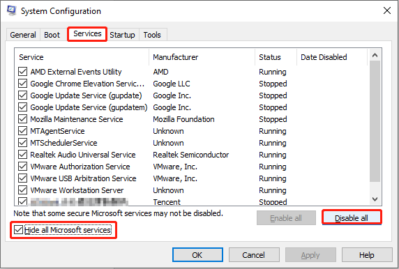disable all non-Microsoft services
