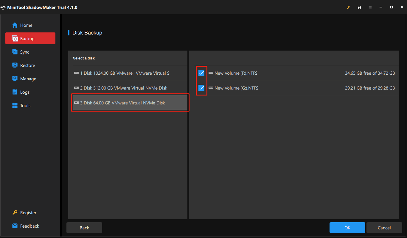 select the source disk and partitions on it