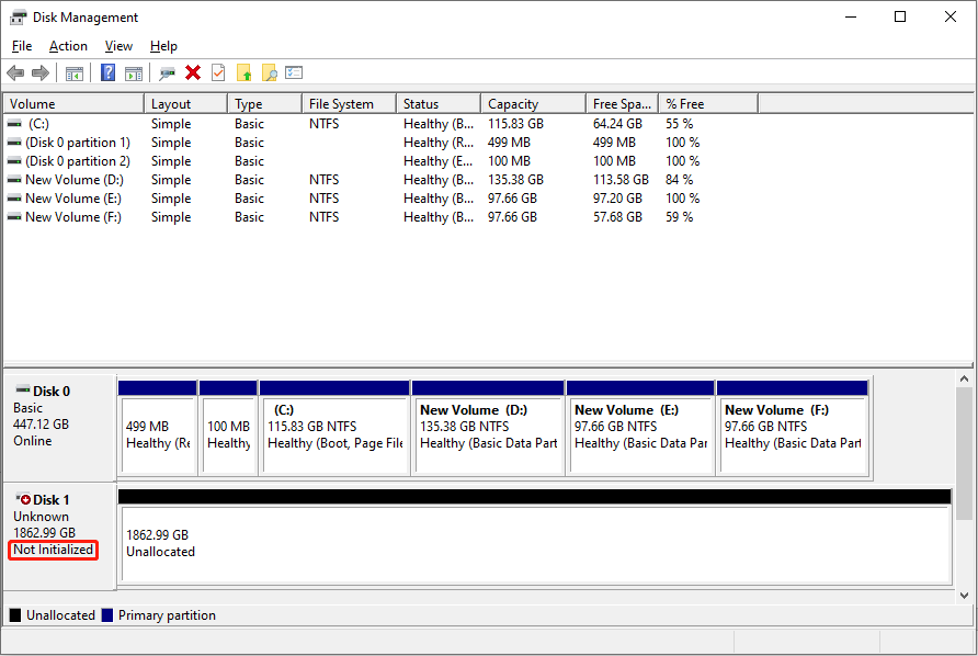 disk shows as uninitialized