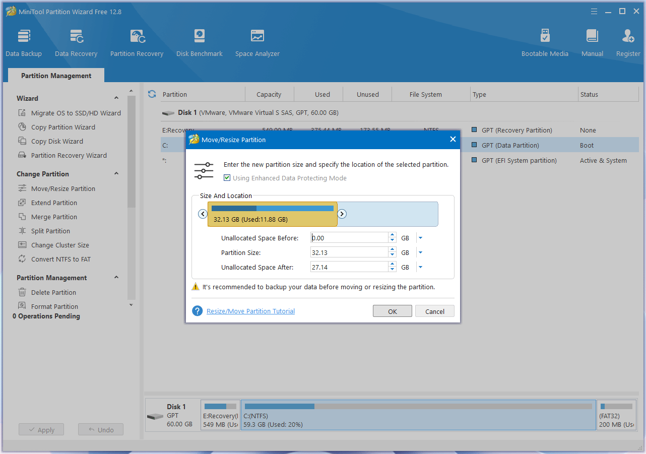 move and resize a partition