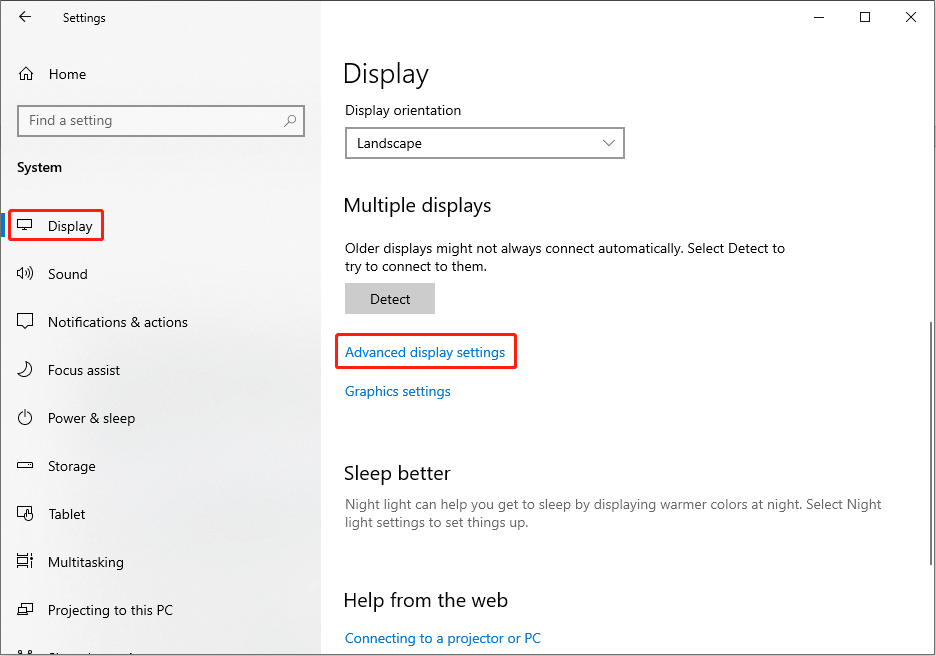 click on the Advanced display settings