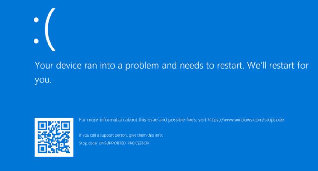 unsupported processor blue screen