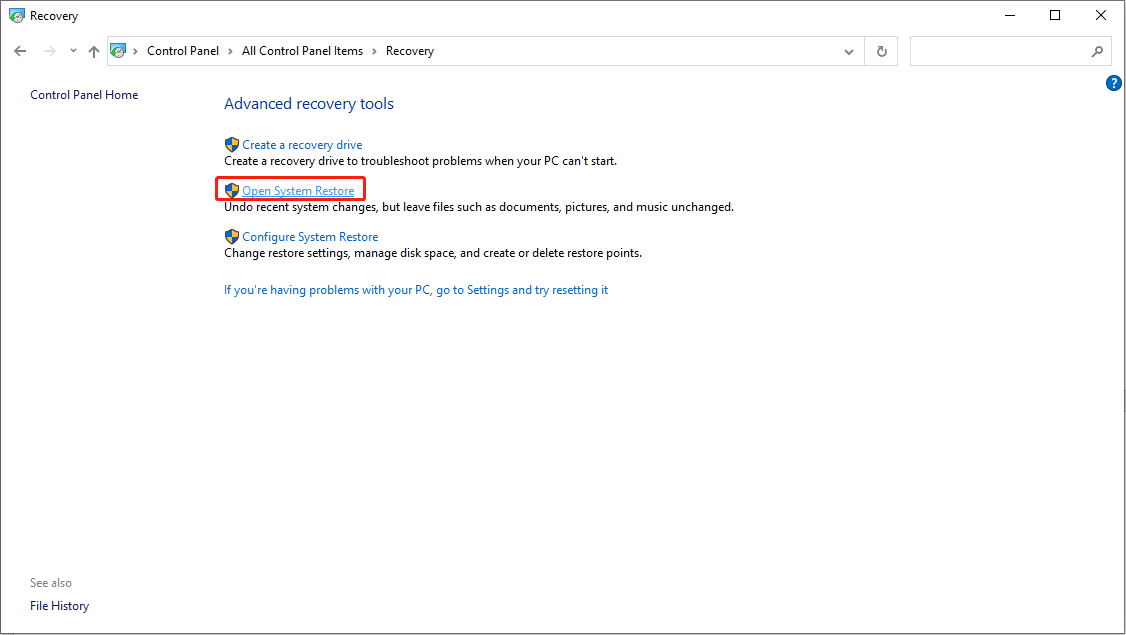 choose Open System Restore