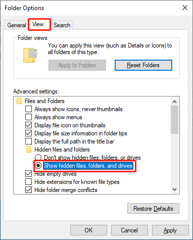 select Show hidden files, folders, and drives