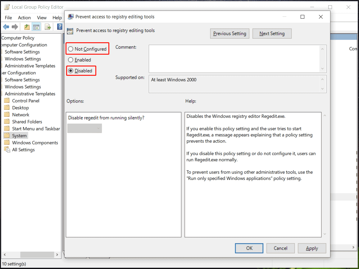 disable prevent access to registry editing tools