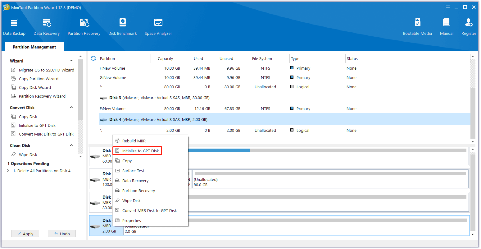 click the Initialize to GPT Disk option