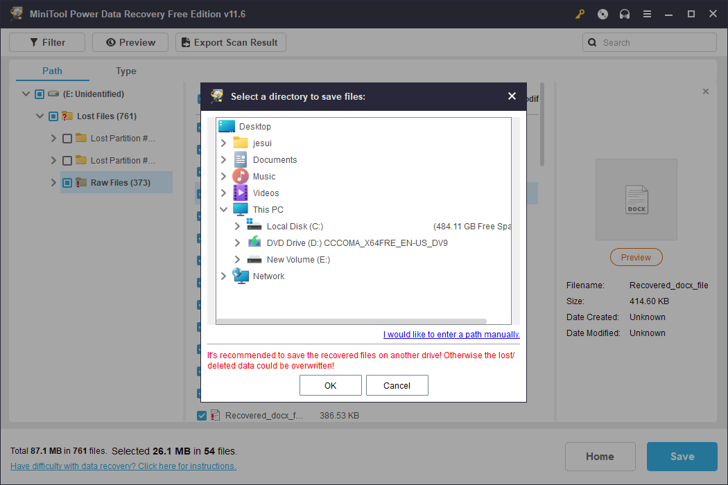 select a suitable location to save the selected data