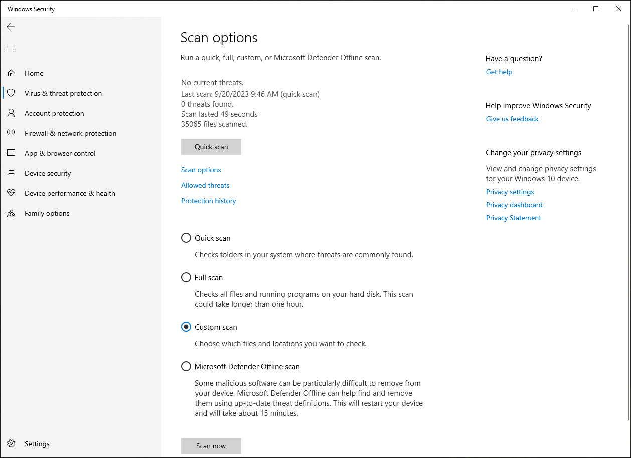 scan your computer using Windows Security