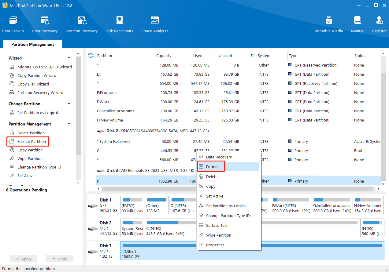 format a hard drive using MiniTool Partition Wizard